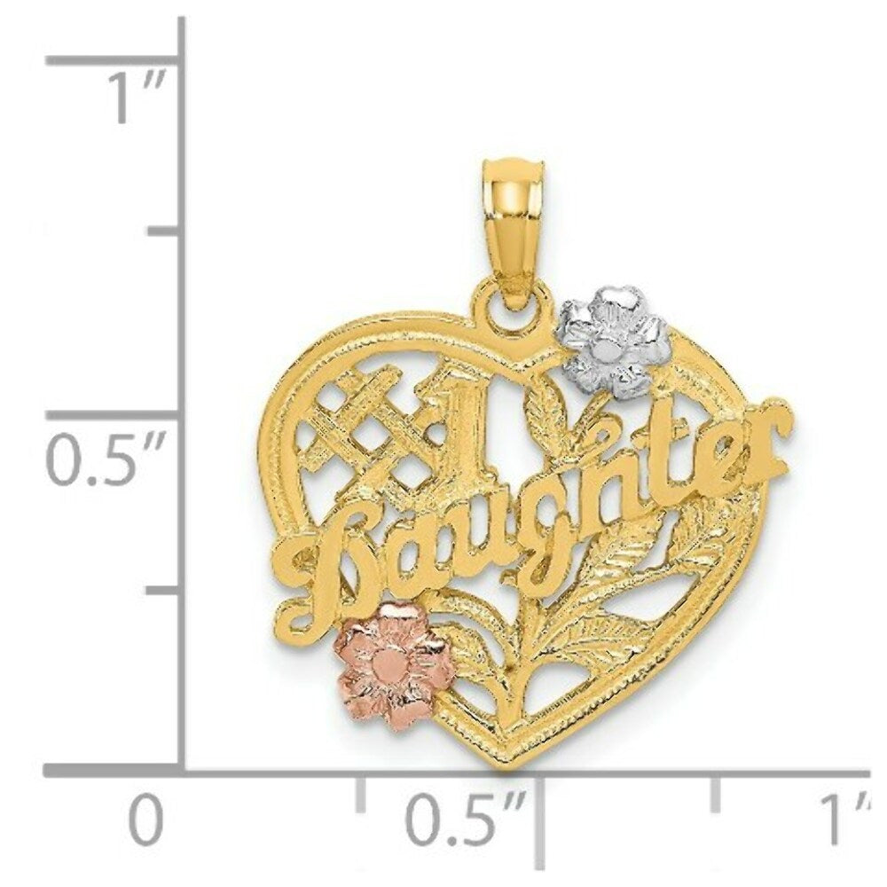 14K Two-tone Gold #1 DAUGHTER on Heart With Flower Charm Pendant