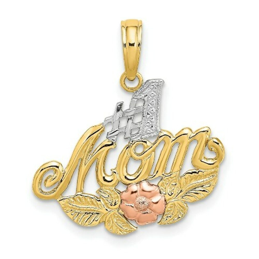 14K Two-tone Yellow & Rose Gold With #1 MOM With Flower Charm Pendant