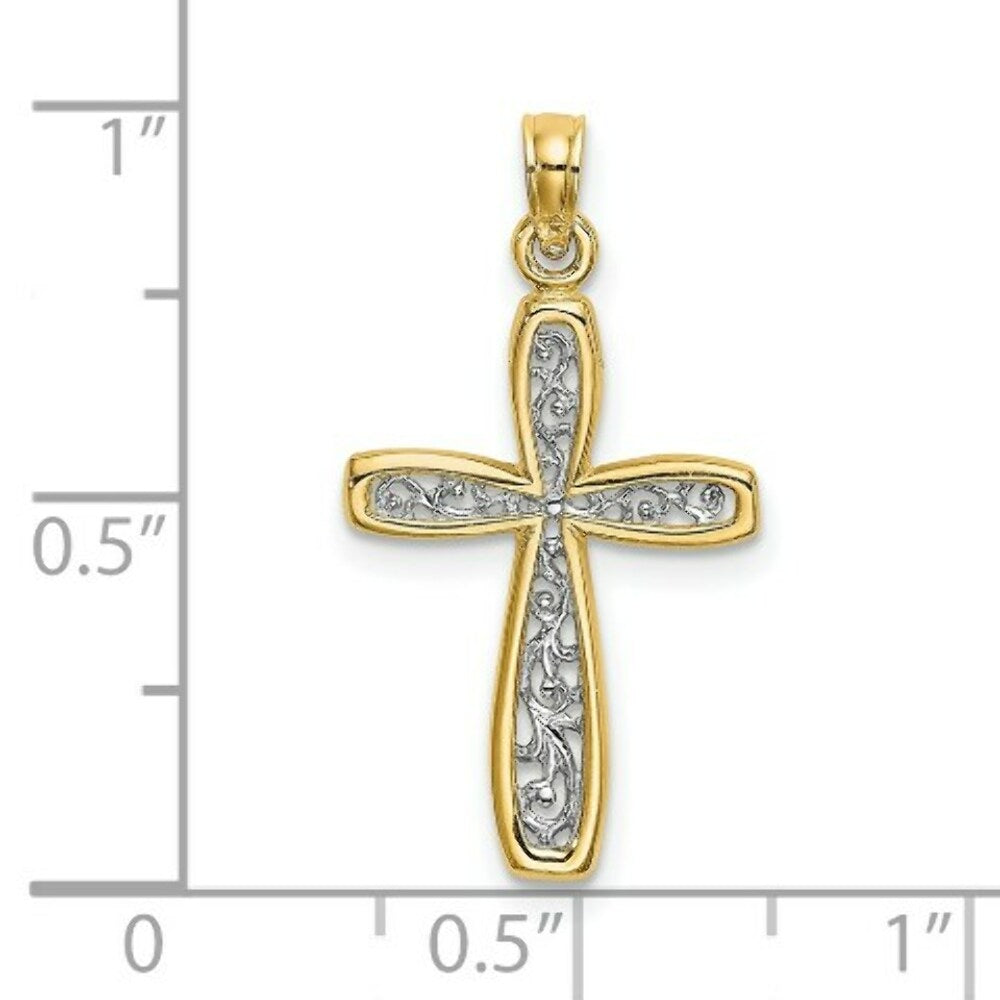 14K Yellow Gold with White Rhodium Filigree Cross Charm Pendant