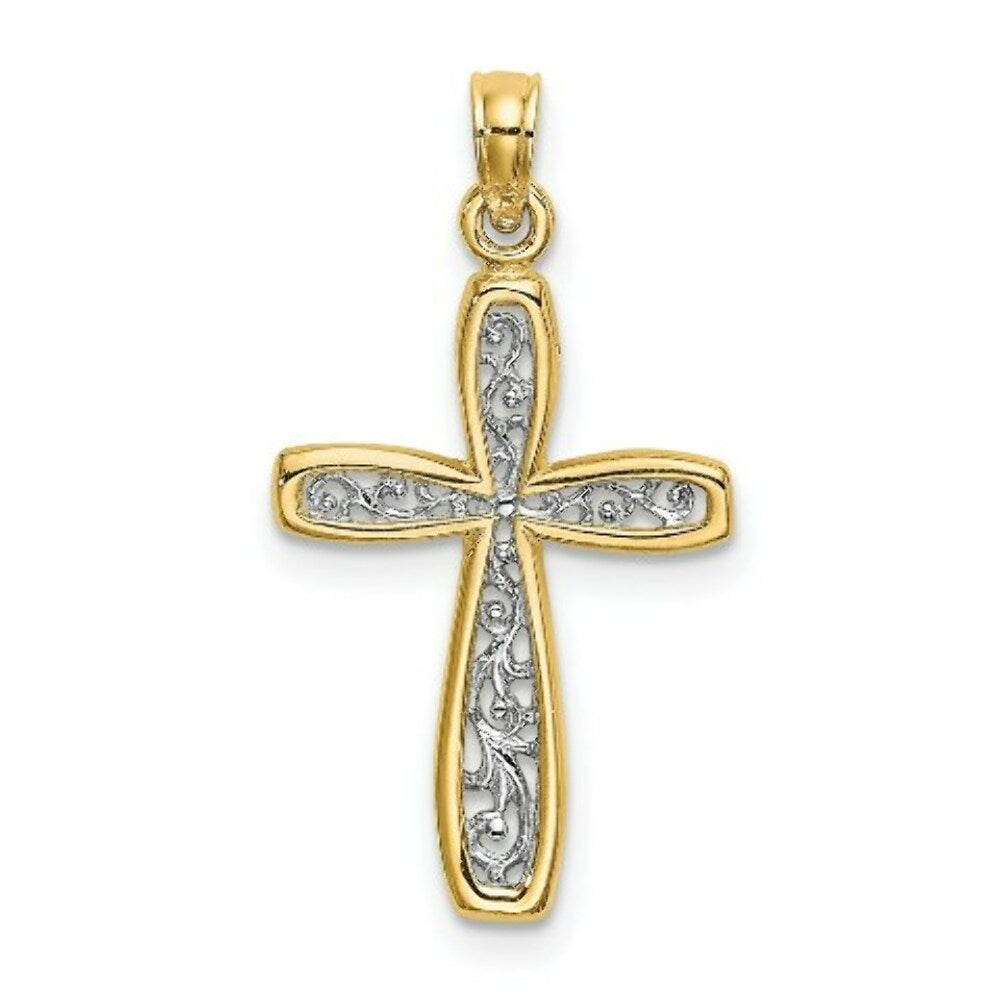 14K Yellow Gold with White Rhodium Filigree Cross Charm Pendant