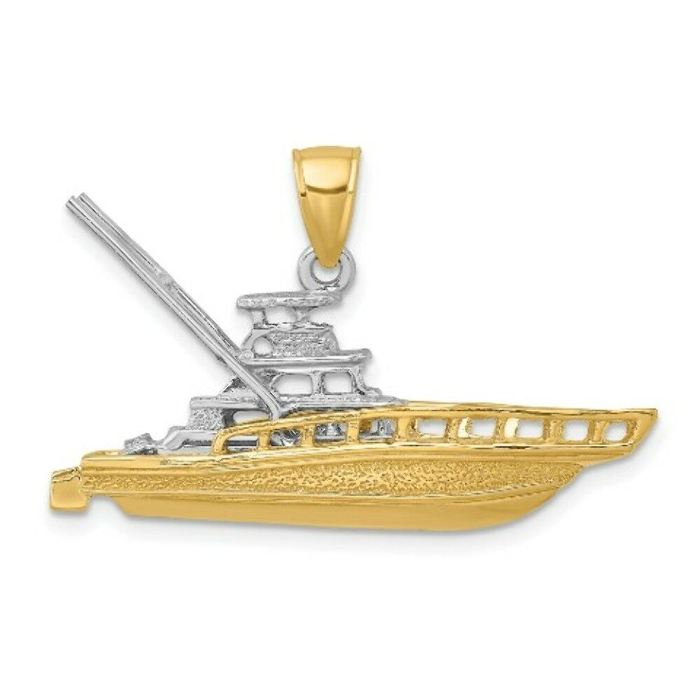 14K Two-tone Gold Textured 3-D Offshore Sportfishing Boat Charm Pendant