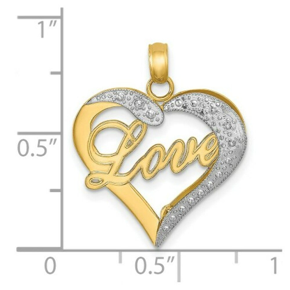 14K Yellow Gold with White Rhodium with Diamond-cut Heart With Love Inside Charm Pendant