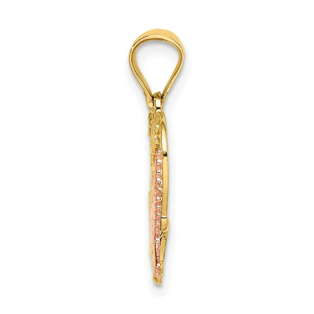 14K Two-tone Yellow & Rose Gold AMOR in Heart With Doves Charm Pendant