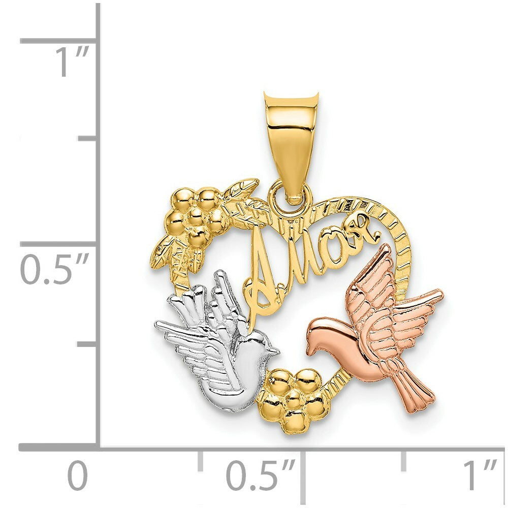 14K Two-tone Yellow & Rose Gold AMOR in Heart With Doves Charm Pendant