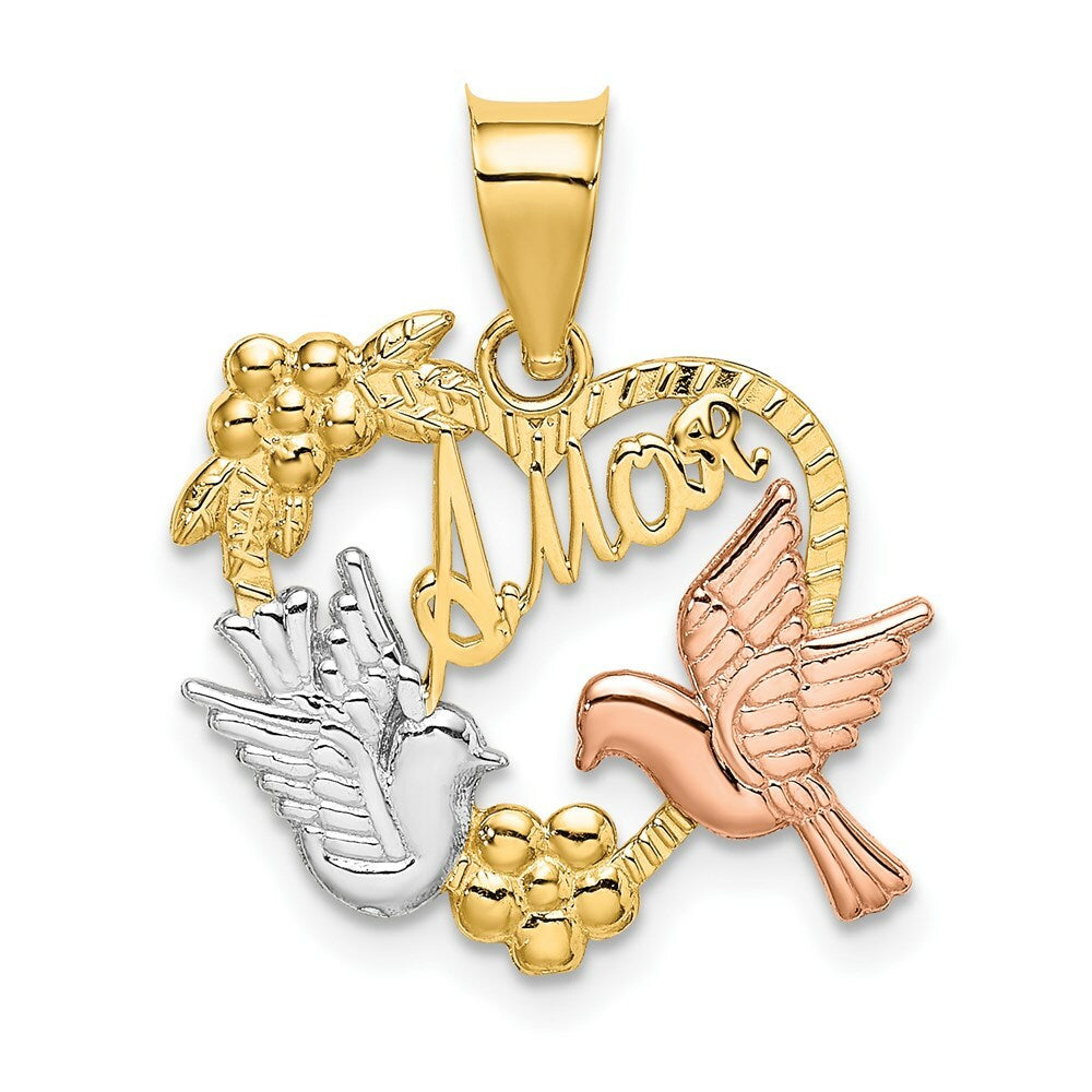 14K Two-tone Yellow & Rose Gold AMOR in Heart With Doves Charm Pendant
