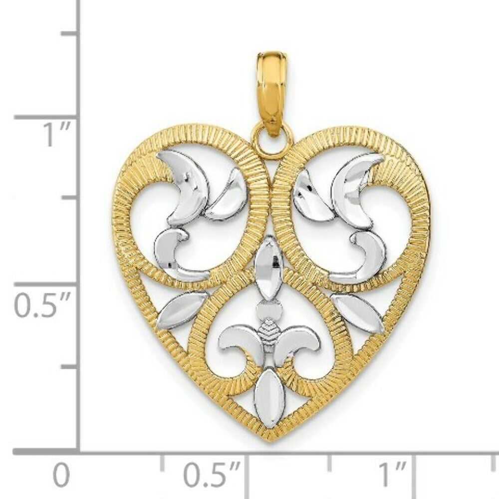 14K Yellow Gold with White Rhodium Textured Heart Charm Pendant
