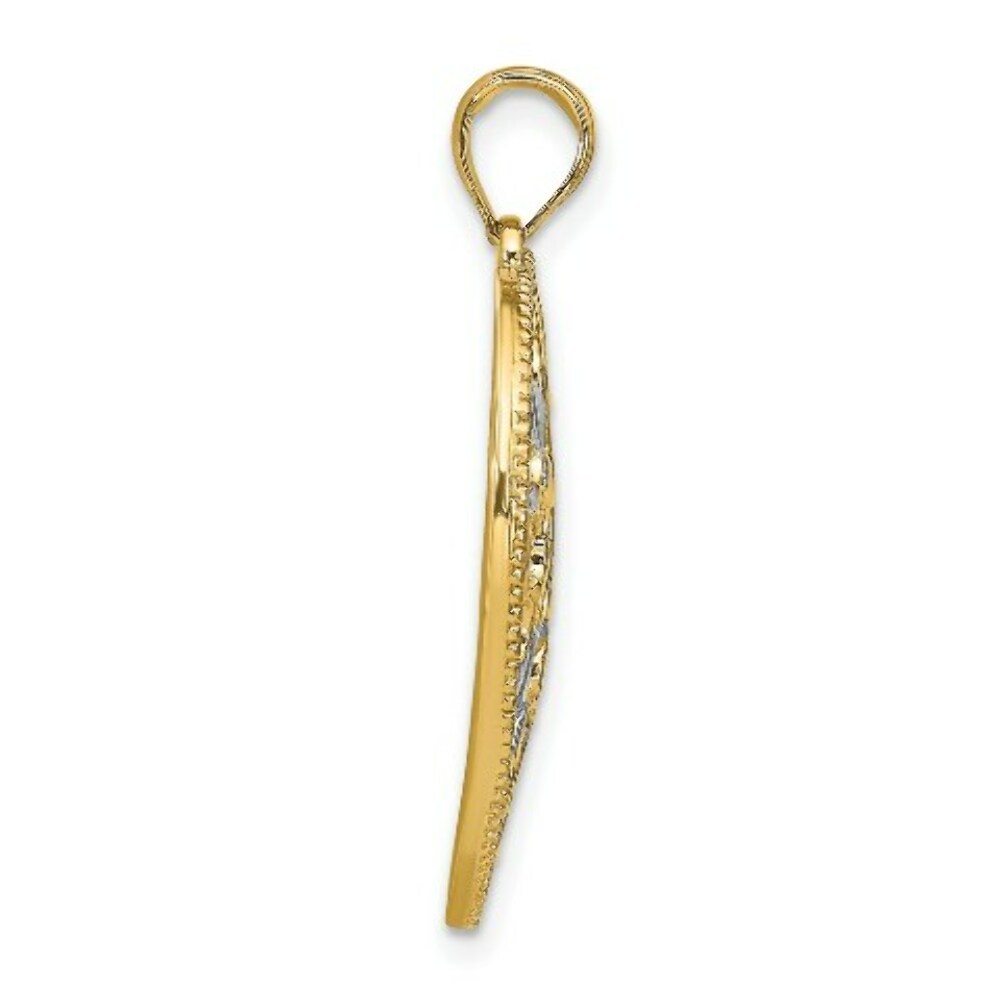 14K Yellow Gold with White Rhodium Filigree Leaf Accent Heart Charm Pendant