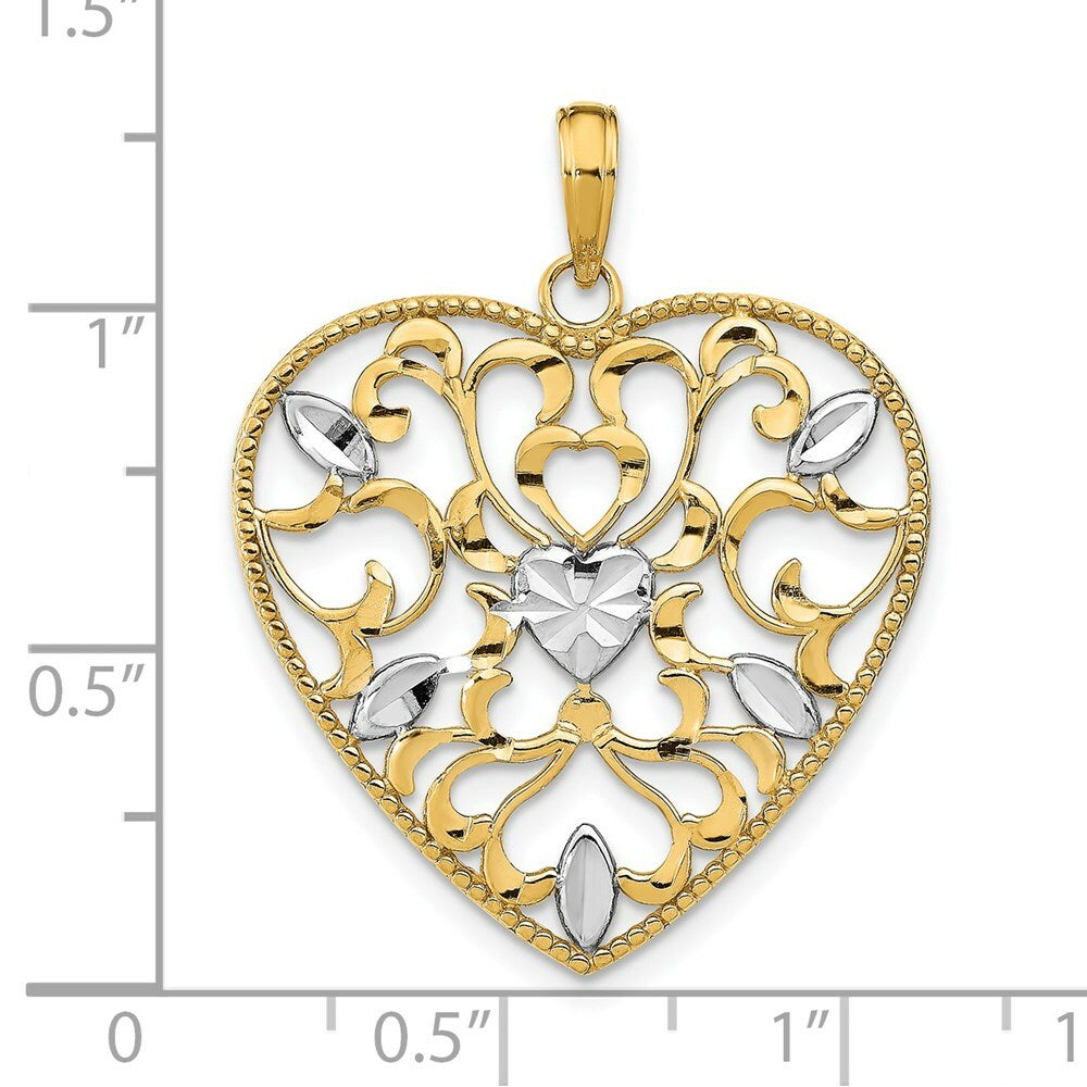14K Yellow Gold with White Rhodium Filigree Leaf Accent Heart Charm Pendant