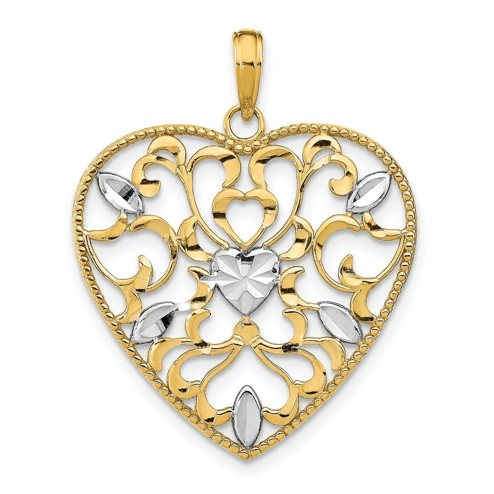 14K Yellow Gold with White Rhodium Filigree Leaf Accent Heart Charm Pendant