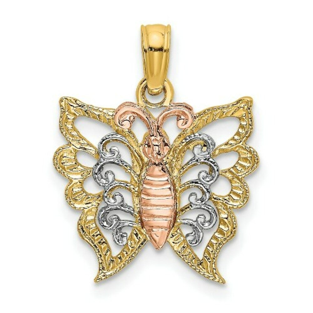 14K Tri-Color Gold BUTTERFLY Cut-Out Charm Pendant