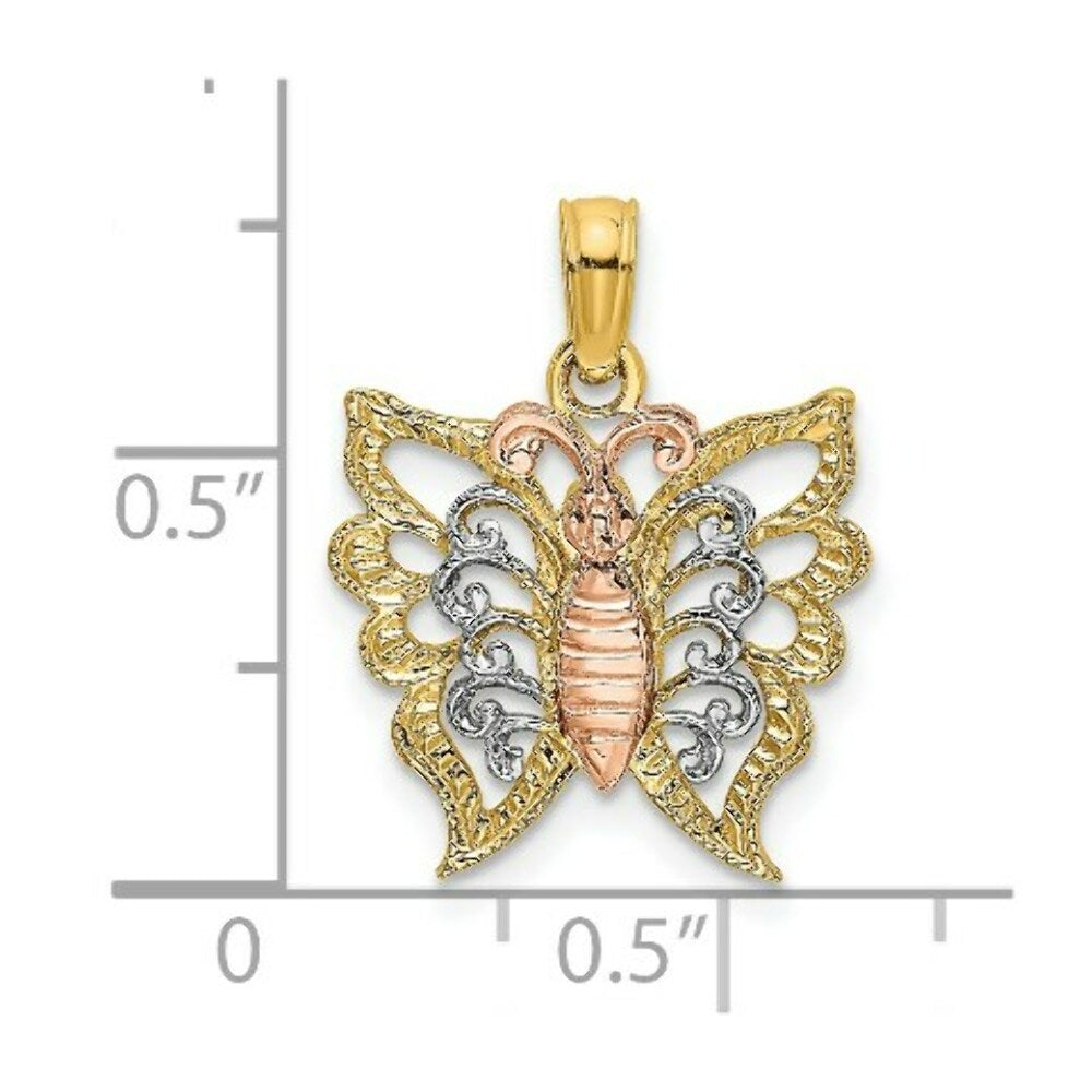 14K Tri-Color Gold BUTTERFLY Cut-Out Charm Pendant