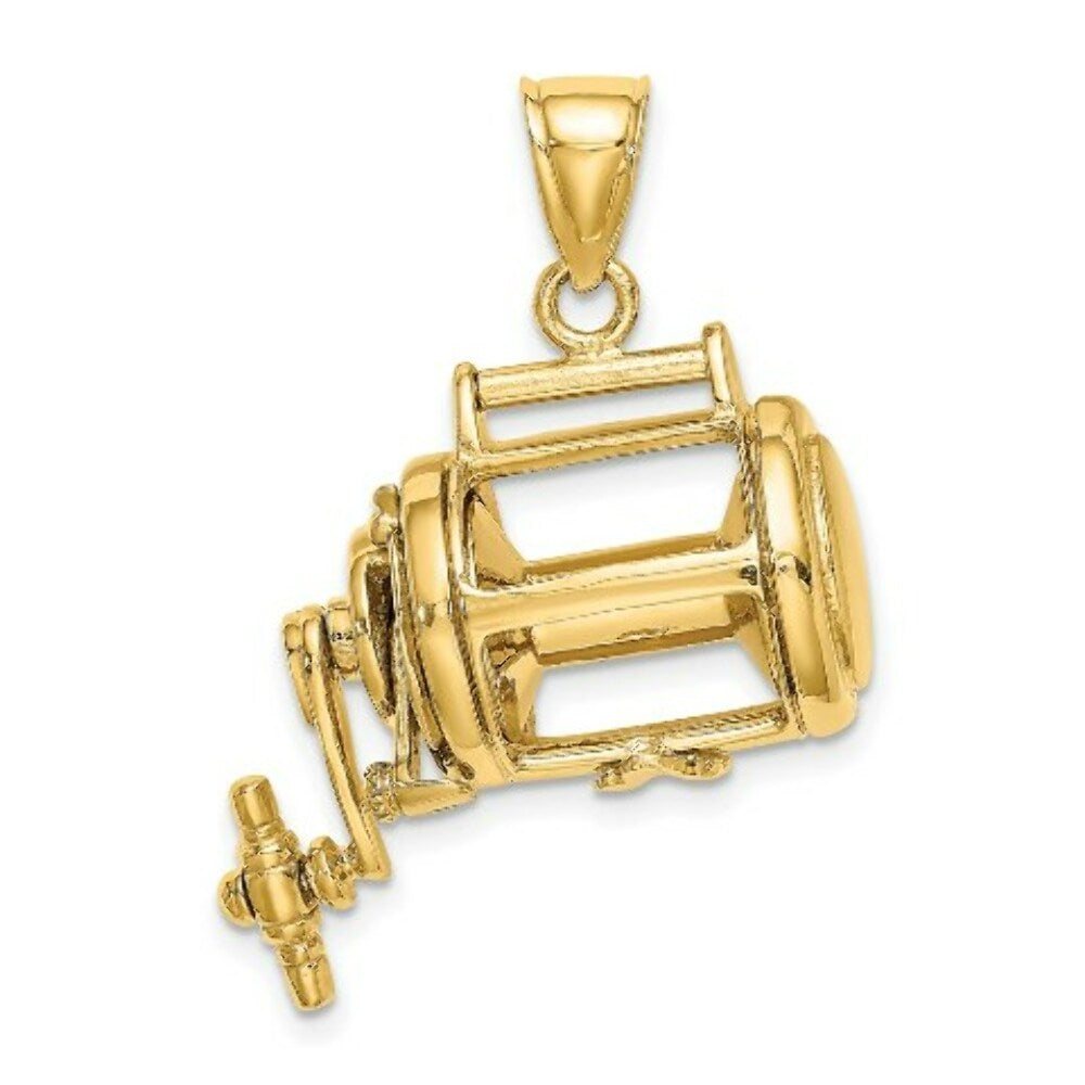 14K Yellow Gold RH Moveable 3-D Fishing Reel Charm Pendant