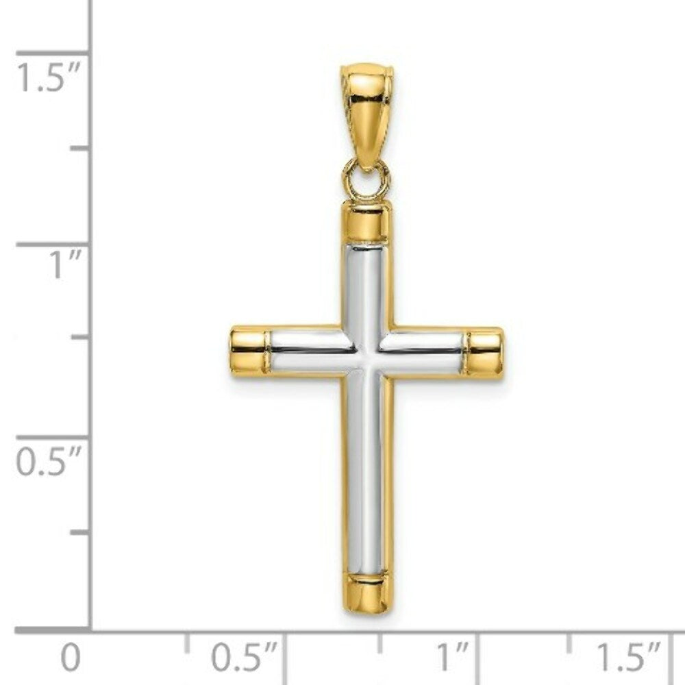 14K Yellow Gold with White Rhodium Polished Tubular Cross Charm Pendant
