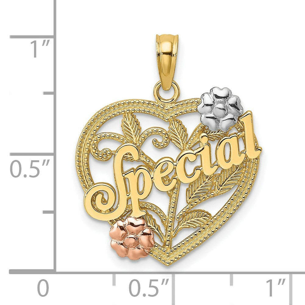 14K Tri-Color Gold Special On Heart With Flower Charm Pendant