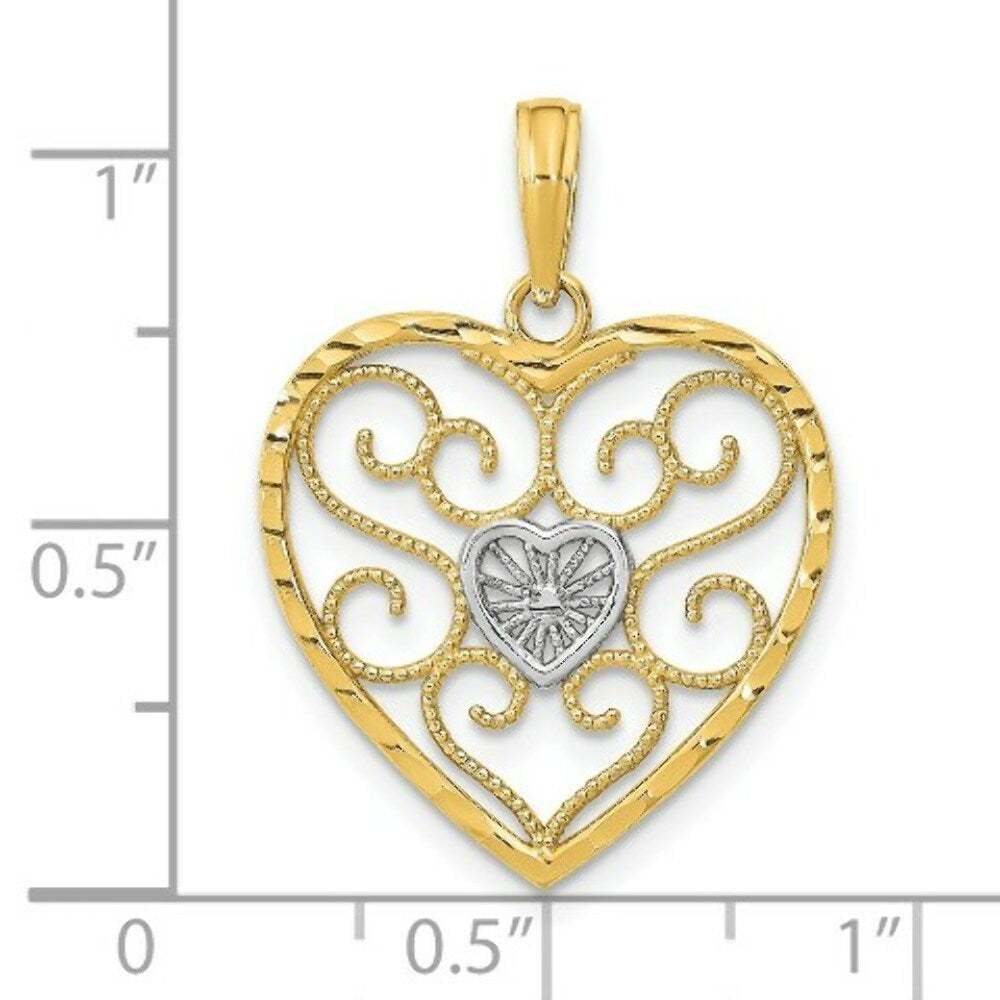 14K Yellow Gold with White Rhodium Filigree Beaded Heart Charm Pendant