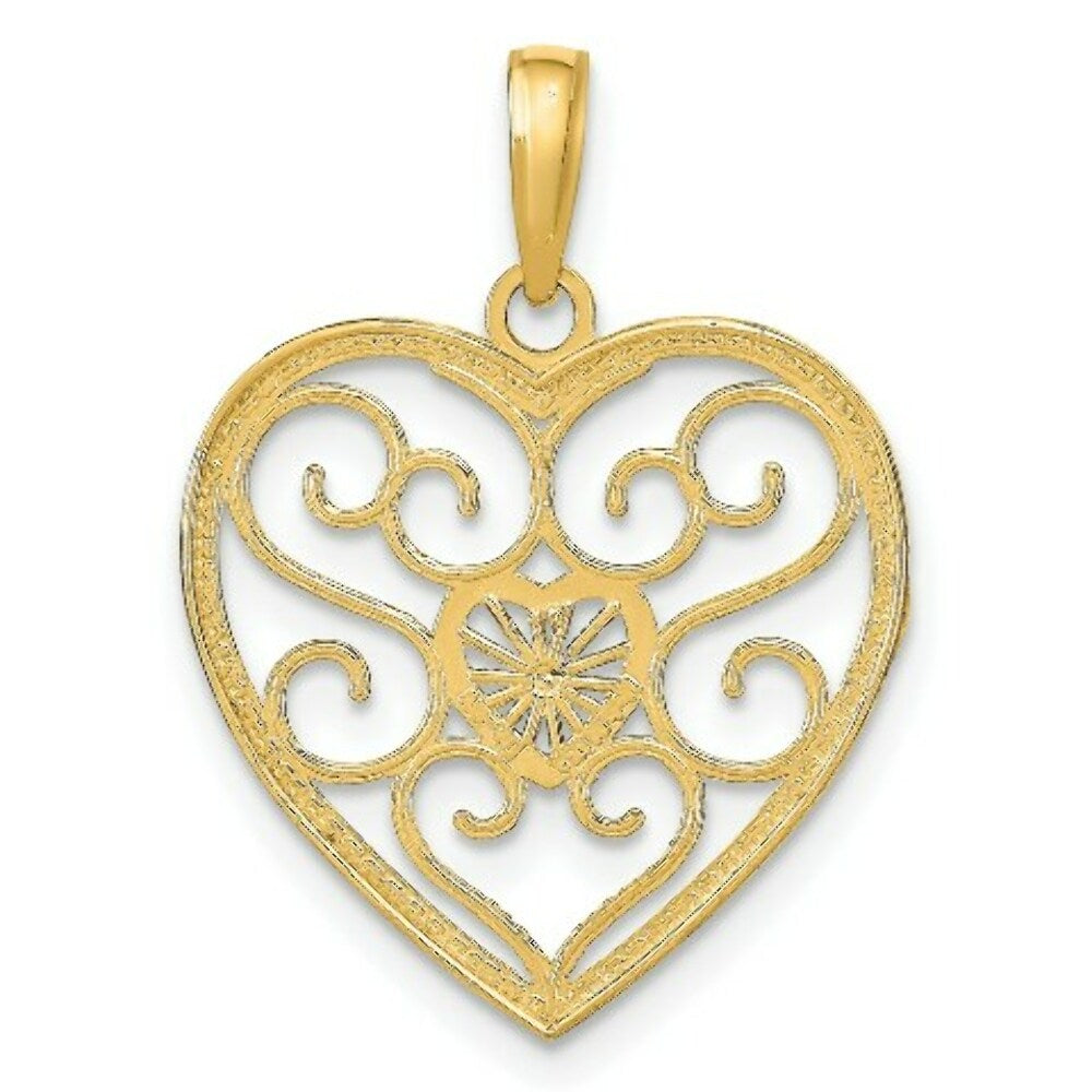 14K Yellow Gold with White Rhodium Filigree Beaded Heart Charm Pendant
