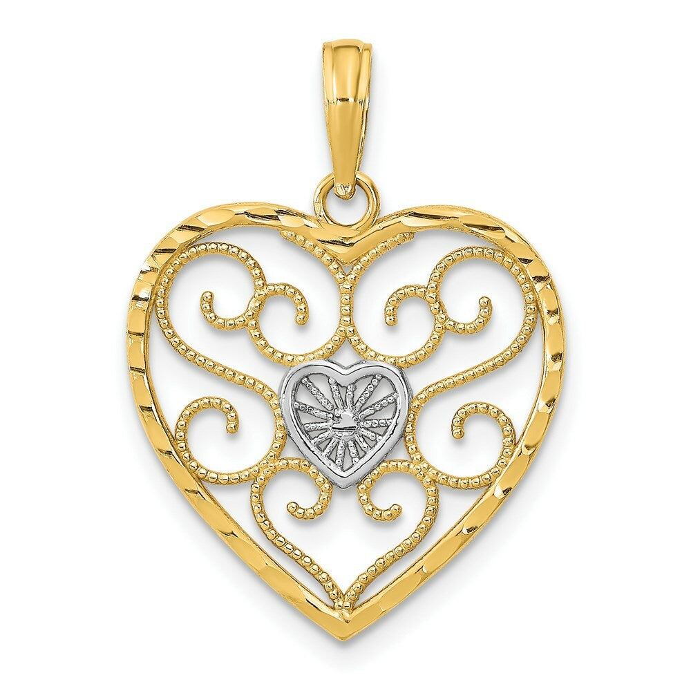 14K Yellow Gold with White Rhodium Filigree Beaded Heart Charm Pendant