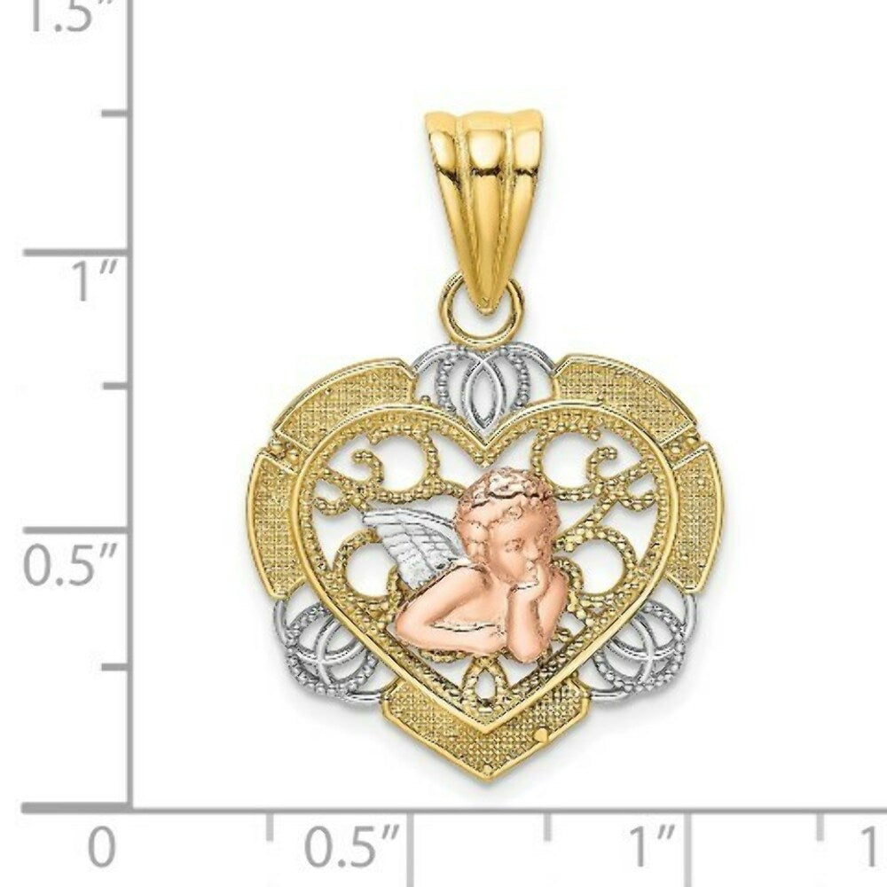 14K Tri-Color Gold Angel In Heart Charm Pendant