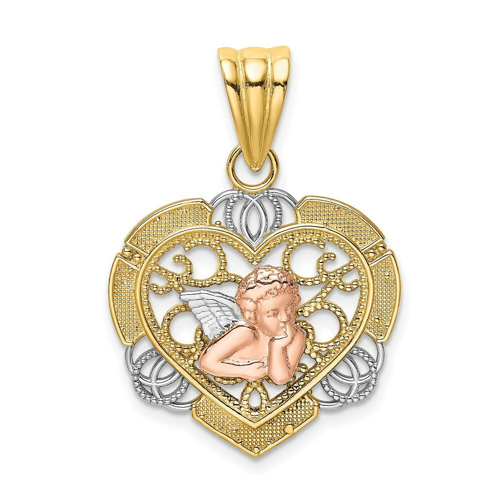 14K Tri-Color Gold Angel In Heart Charm Pendant