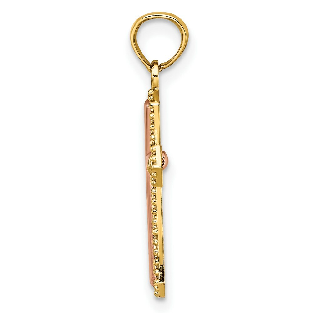 14K Two-tone Yellow & Rose Gold With Beaded Trim Cross Charm Pendant