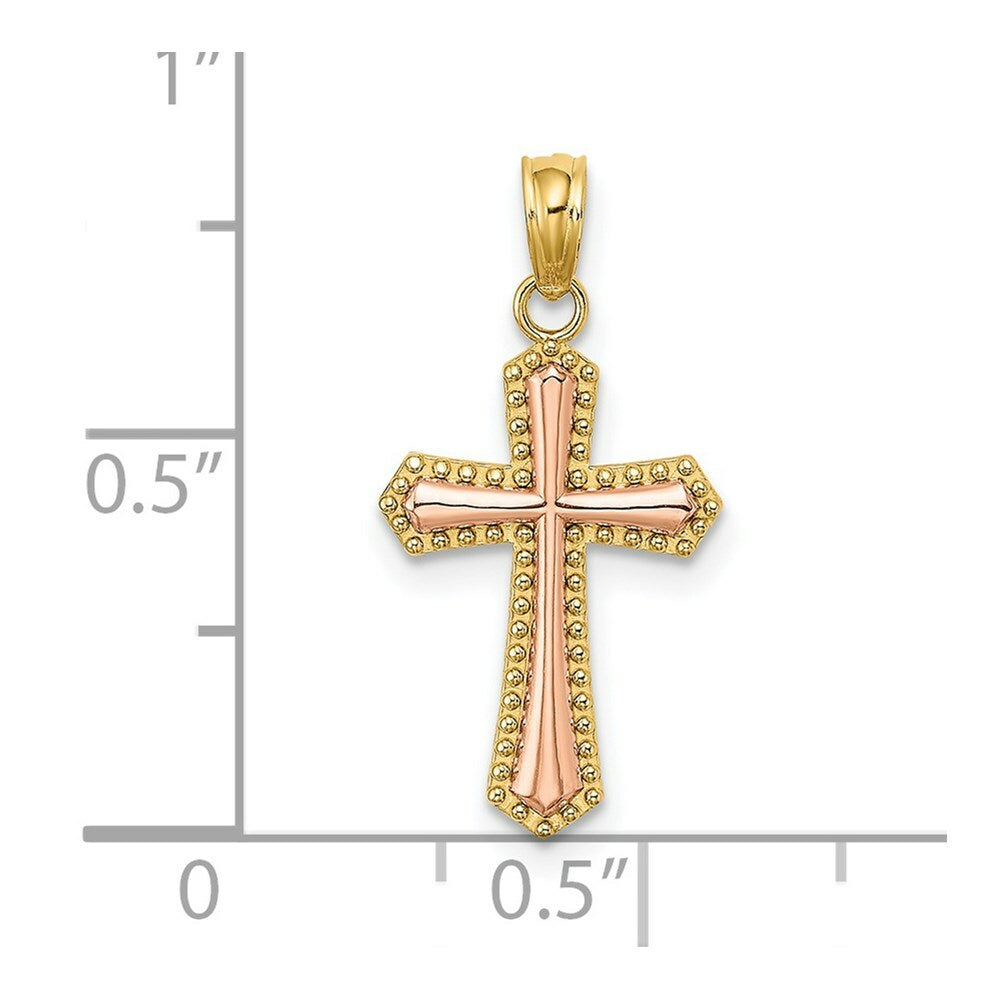 14K Two-tone Yellow & Rose Gold With Beaded Trim Cross Charm Pendant