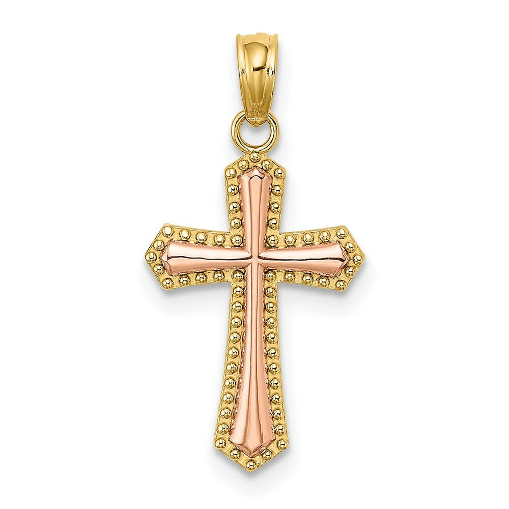 14K Two-tone Yellow & Rose Gold With Beaded Trim Cross Charm Pendant