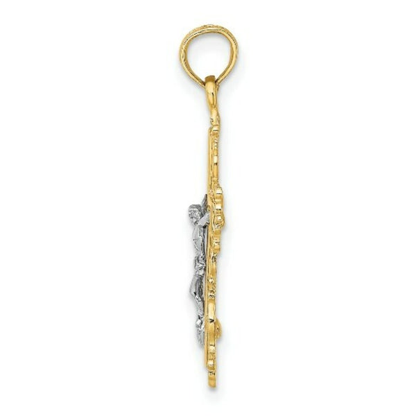 14K Two-tone Gold Textured With Lace Trim Crucifix Charm Pendant