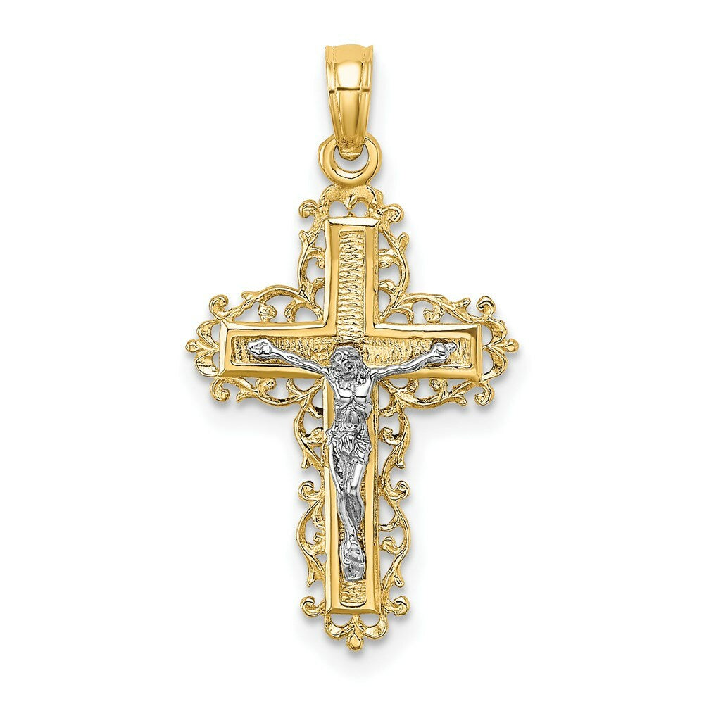 14K Two-tone Gold Textured With Lace Trim Crucifix Charm Pendant
