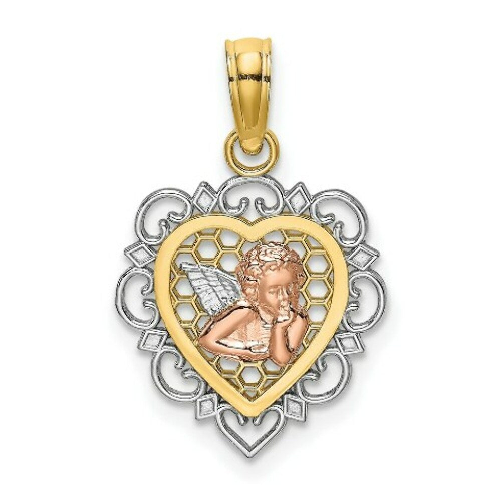 14K Tri-Color Gold Small Angel In Heart Charm Pendant