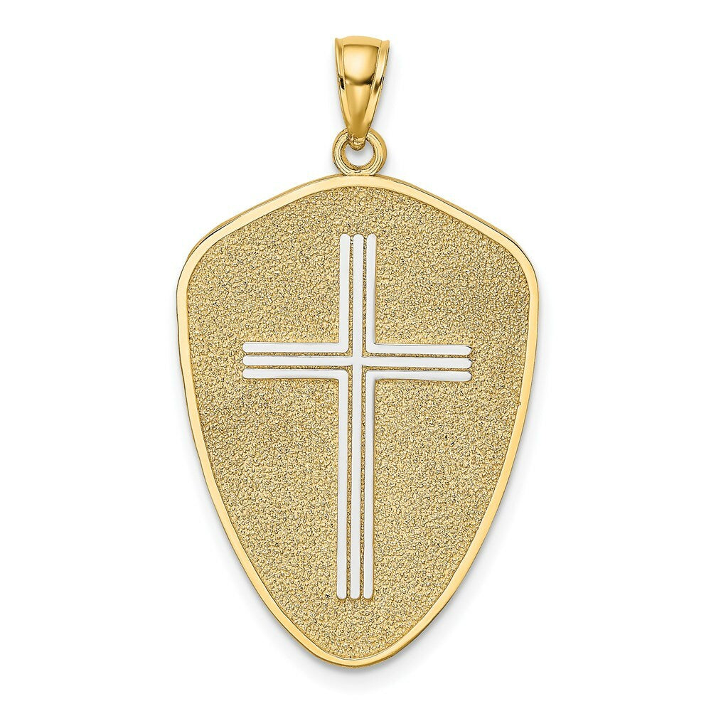 14K Two-tone Gold Cross Shield Joshua 1:9 On Reverse Charm Pendant