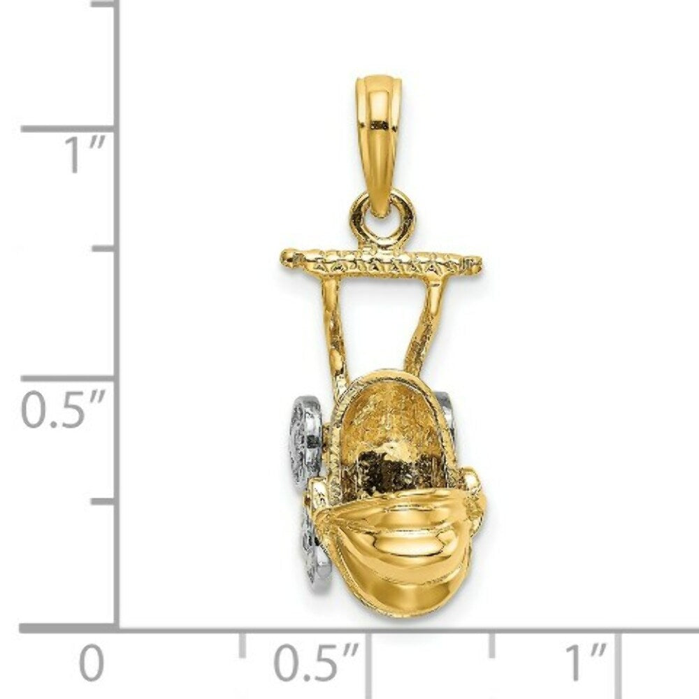 14K Two-tone Gold 3-D Baby Stroller With Moveable Wheels Charm Pendant