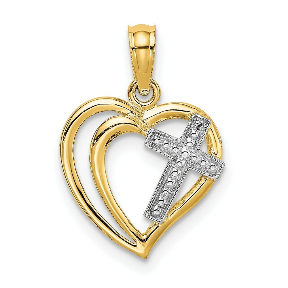 14K Yellow Gold with White Rhodium Cross In Heart Charm Pendant