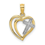 Load image into Gallery viewer, 14K Yellow Gold with White Rhodium Cross In Heart Charm Pendant
