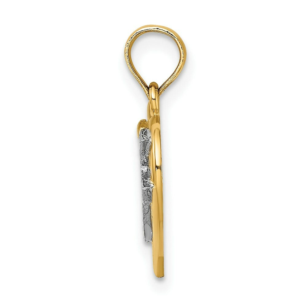 14K Yellow Gold with White Rhodium Cross In Heart Charm Pendant