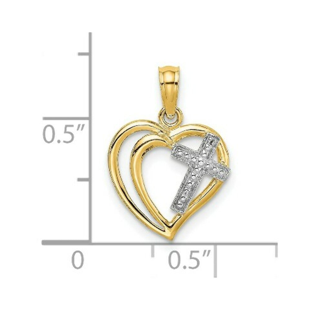 14K Yellow Gold with White Rhodium Cross In Heart Charm Pendant
