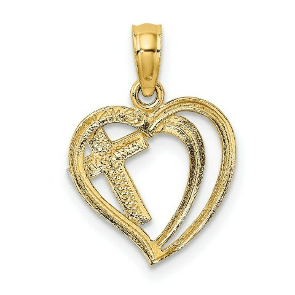 14K Yellow Gold with White Rhodium Cross In Heart Charm Pendant