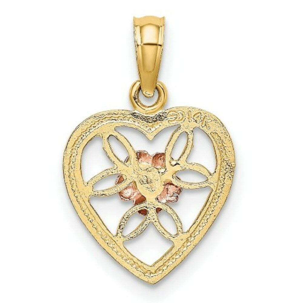 14K Two-Tone Gold Heart With Flower Inside Charm Pendant