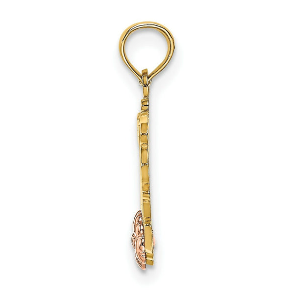 14K Two-Tone Gold MOM Script With Flower Charm Pendant