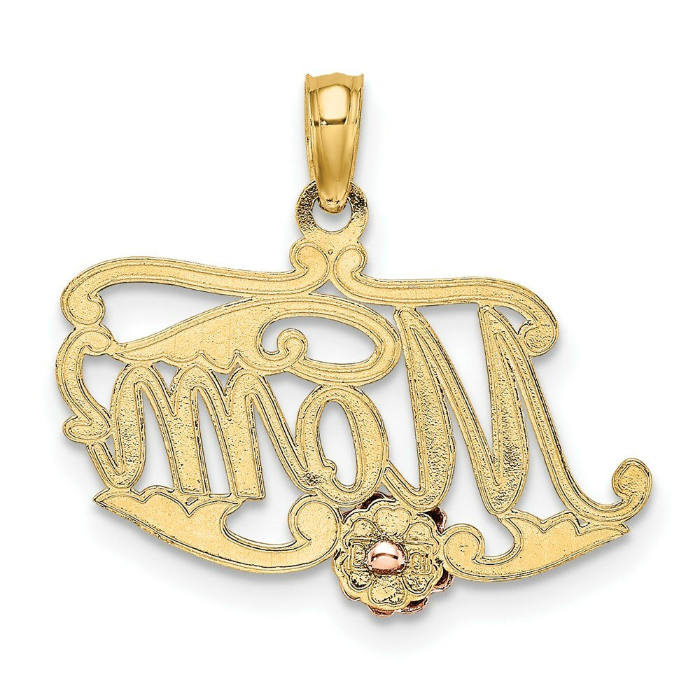14K Two-Tone Gold MOM Script With Flower Charm Pendant