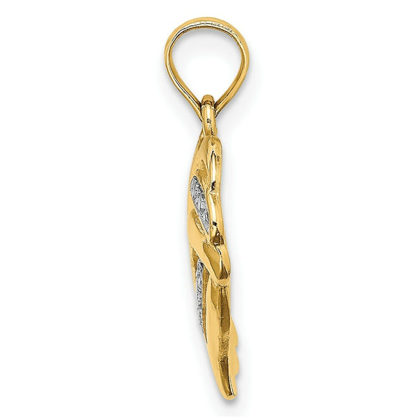 14K Yellow Gold with White Rhodium with 2-D Heart With Beaded Center Charm Pendant