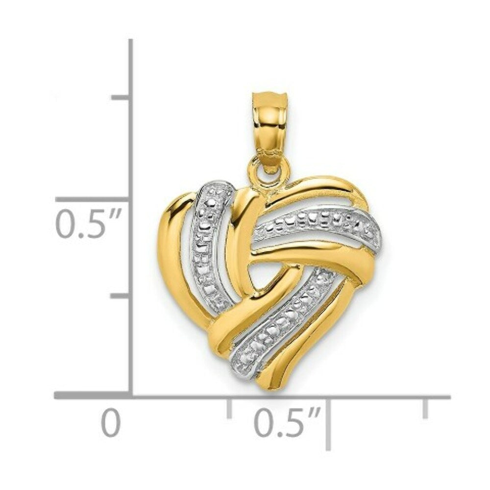 14K Yellow Gold with White Rhodium with 2-D Heart With Beaded Center Charm Pendant