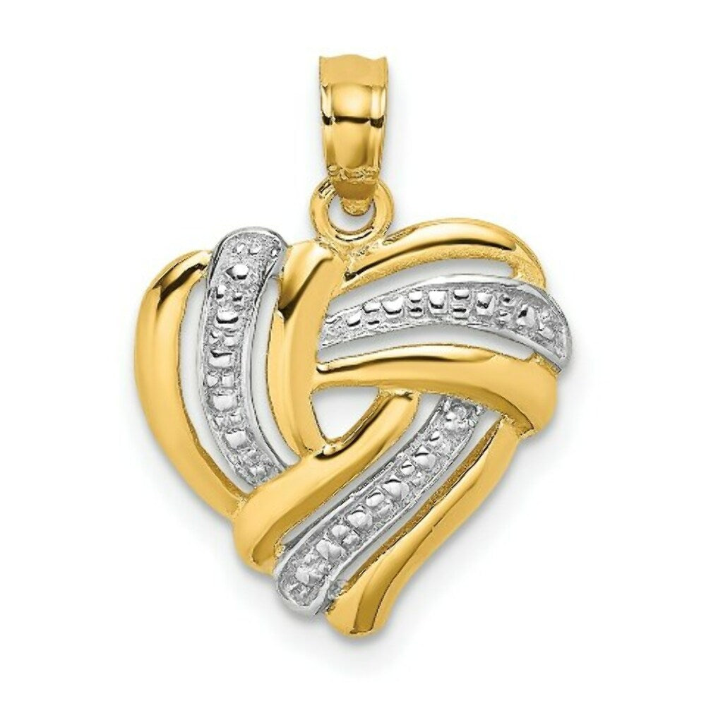 14K Yellow Gold with White Rhodium with 2-D Heart With Beaded Center Charm Pendant