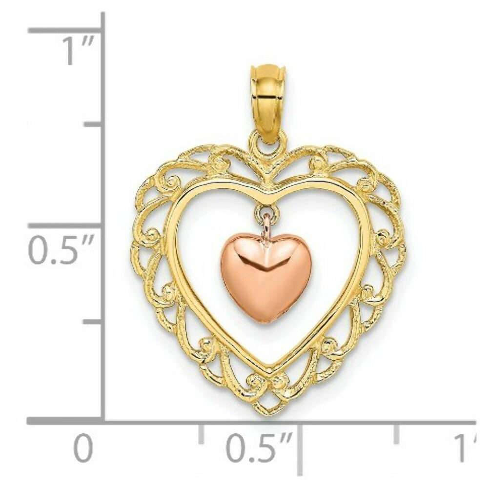 14K Two-tone Yellow & Rose Gold Polished Dangling Heart In Heart Charm Pendant