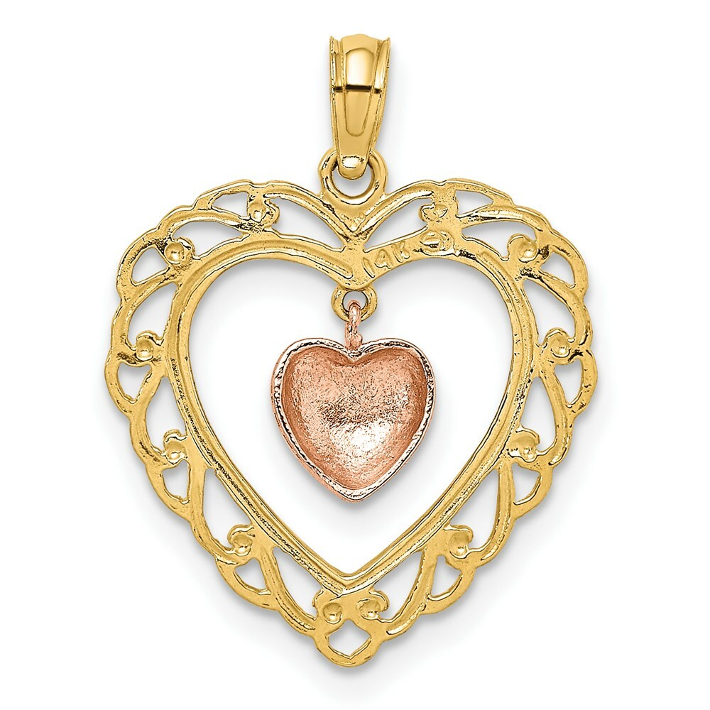 14K Two-tone Yellow & Rose Gold Polished Dangling Heart In Heart Charm Pendant