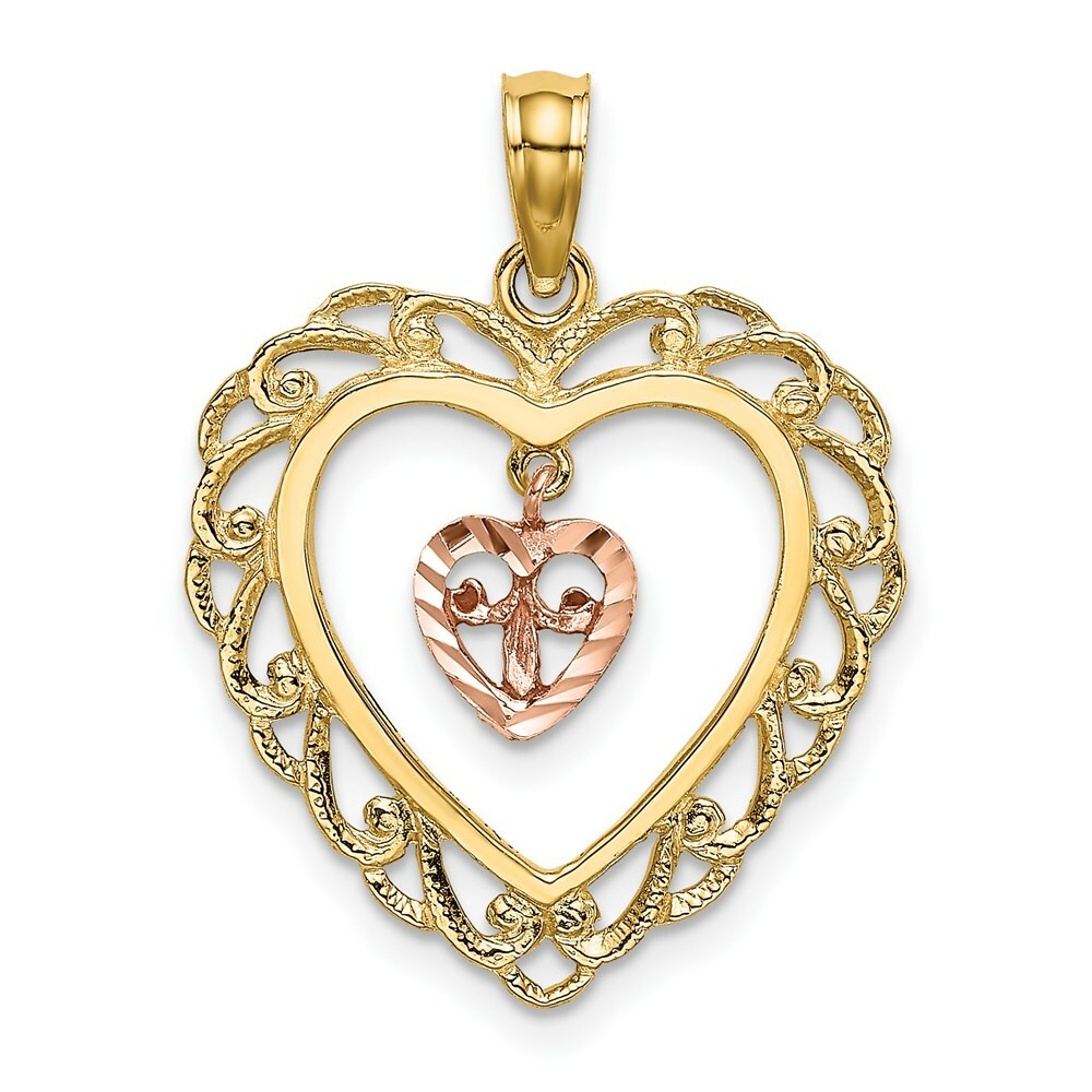 14K Two-Tone Gold Diamond-cut With Dangling Mini Heart In Center Heart Charm Pendant