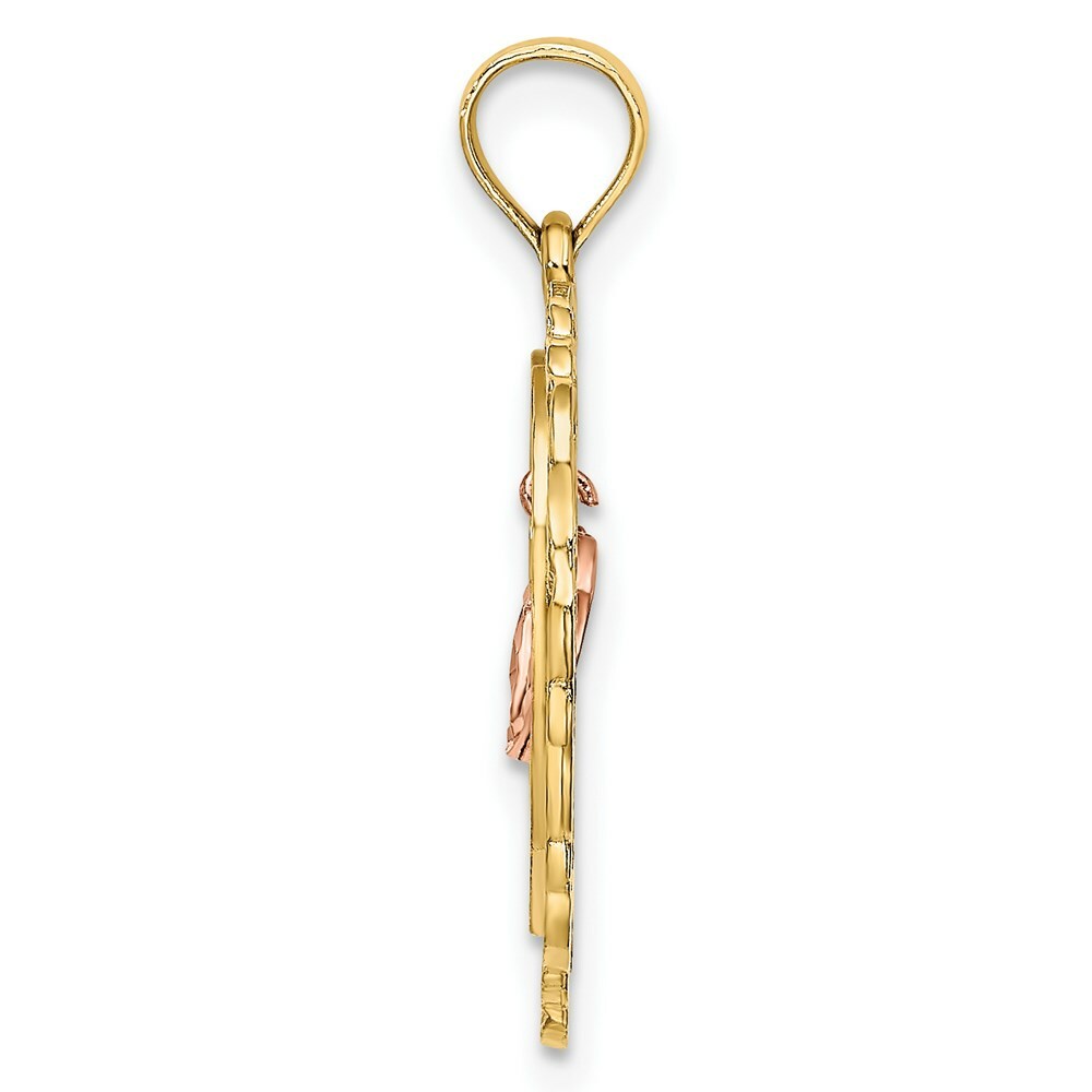 14K Two-Tone Gold Diamond-cut With Dangling Mini Heart In Center Heart Charm Pendant