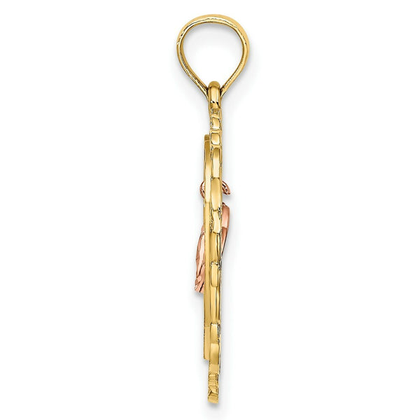 14K Two-Tone Gold Diamond-cut With Dangling Mini Heart In Center Heart Charm Pendant