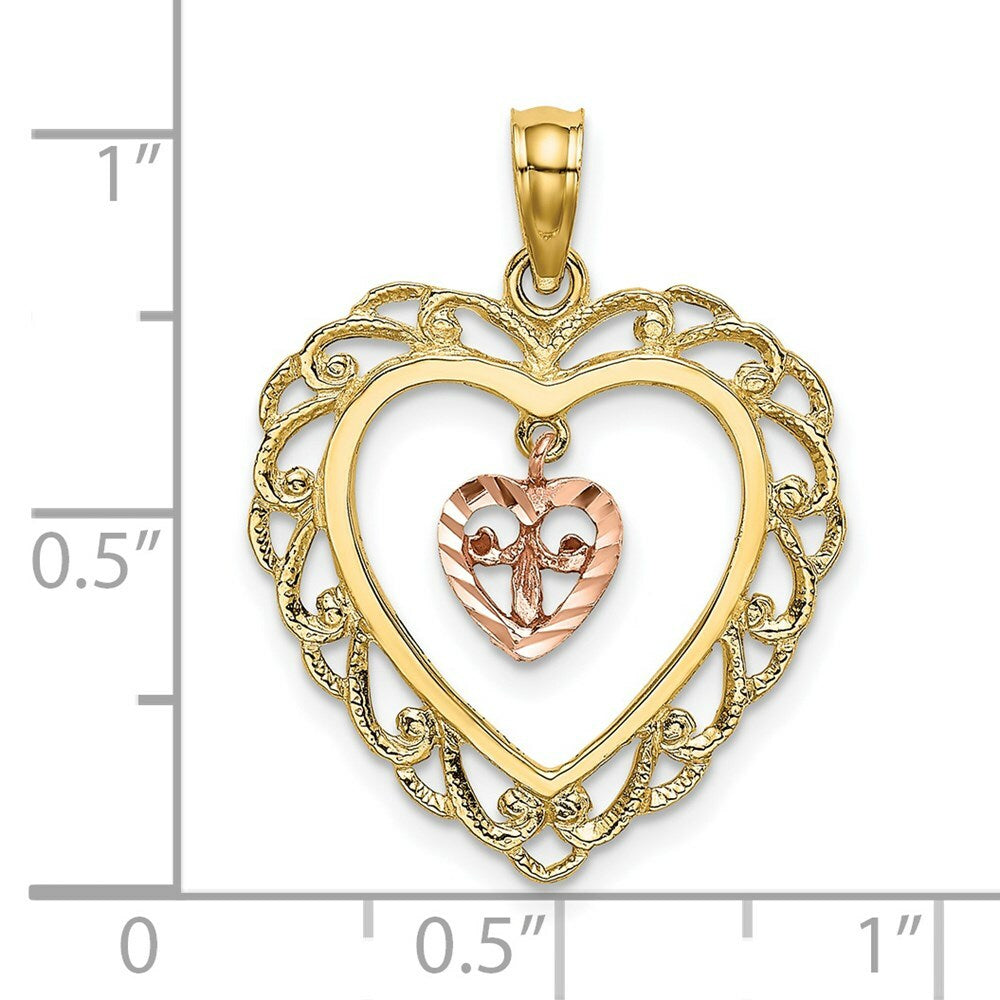 14K Two-Tone Gold Diamond-cut With Dangling Mini Heart In Center Heart Charm Pendant