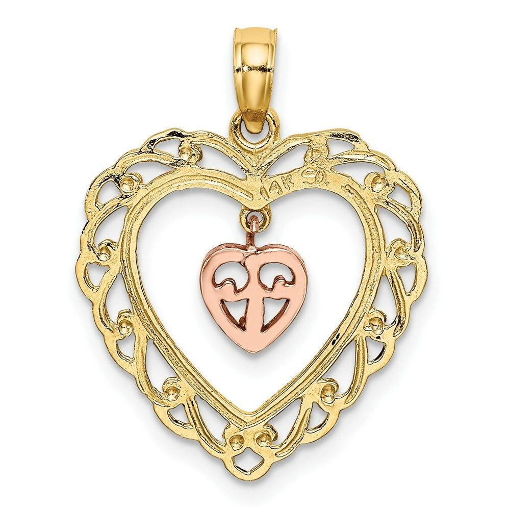 14K Two-Tone Gold Diamond-cut With Dangling Mini Heart In Center Heart Charm Pendant