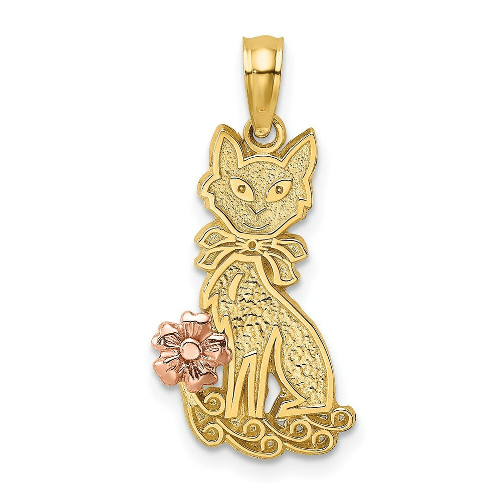 14K Two-Tone Gold Sitting Cat With Bow & Flower Charm Pendant